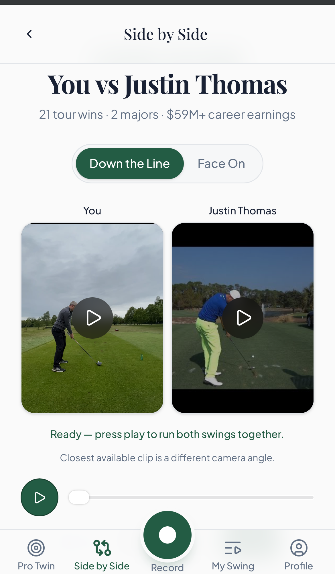 ProPlay.Golf side-by-side screen playing your swing next to Justin Thomas's, with Down the Line and Face On camera angles