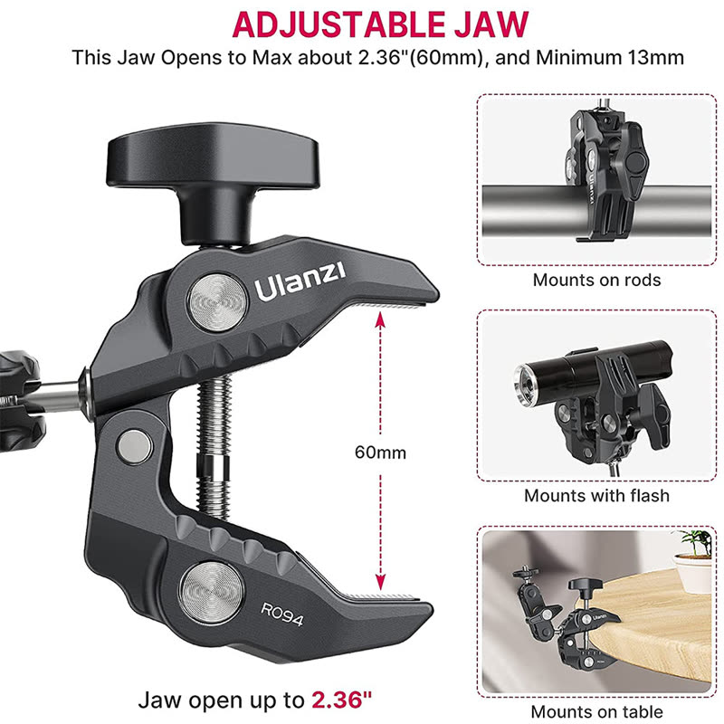The Ulanzi R094 adjustable jaw clamping onto rods, frames and tables